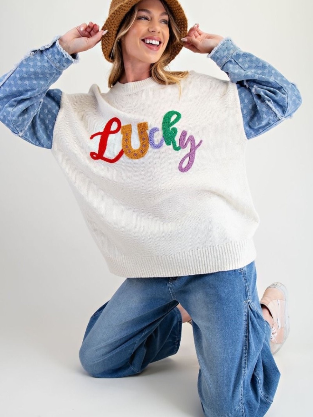NEW EASEL NWT LUCKY PULLOVER IVORY SWEATER KNIT PULLOVER MIXED MEDIA BOHO PATCH